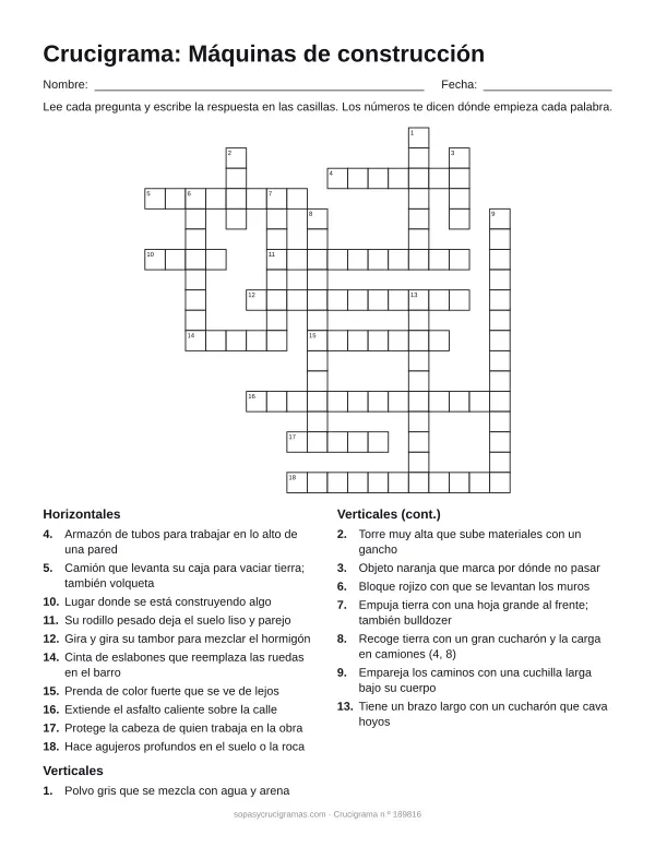 Hoja para imprimir del crucigrama de máquinas de construcción: cuadrícula numerada de 18 × 18 con 10 palabras horizontales y 8 verticales, y la lista de pistas.