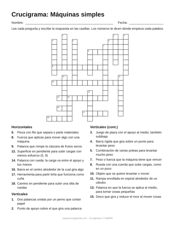 Hoja para imprimir del crucigrama de máquinas simples: cuadrícula numerada de 17 × 16 con 8 palabras horizontales y 11 verticales, y la lista de pistas.