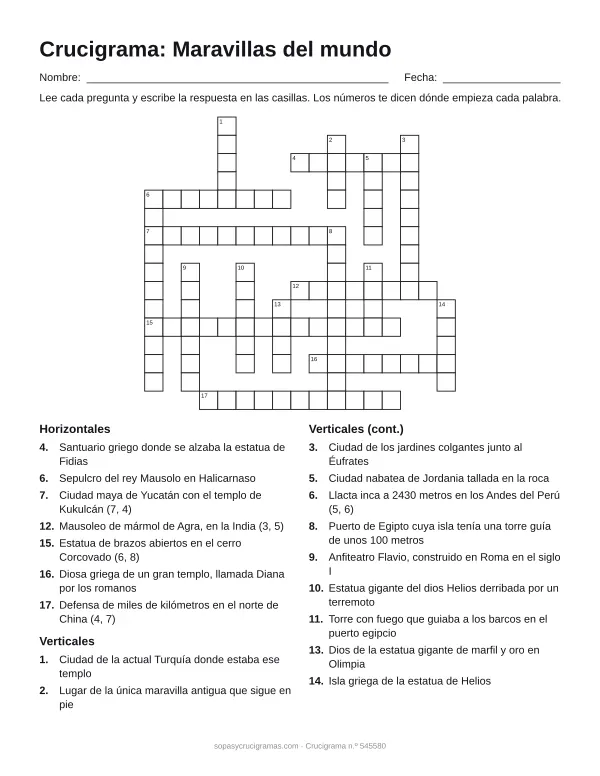 Hoja para imprimir del crucigrama de las maravillas del mundo: cuadrícula numerada de 16 × 17 con 7 palabras horizontales y 11 verticales, y la lista de pistas.