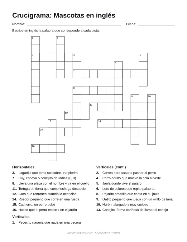 Hoja para imprimir del crucigrama de mascotas en inglés: cuadrícula numerada de 15 × 15 con 8 palabras horizontales y 9 verticales, y la lista de pistas.