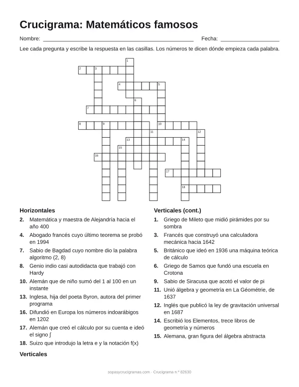 Hoja para imprimir del crucigrama de matemáticos famosos: cuadrícula numerada de 18 × 18 con 9 palabras horizontales y 9 verticales, y la lista de pistas.