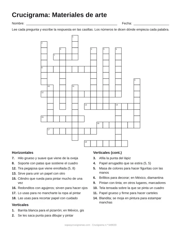Hoja para imprimir del crucigrama de materiales de arte: cuadrícula numerada de 18 × 16 con 8 palabras horizontales y 10 verticales, y la lista de pistas.