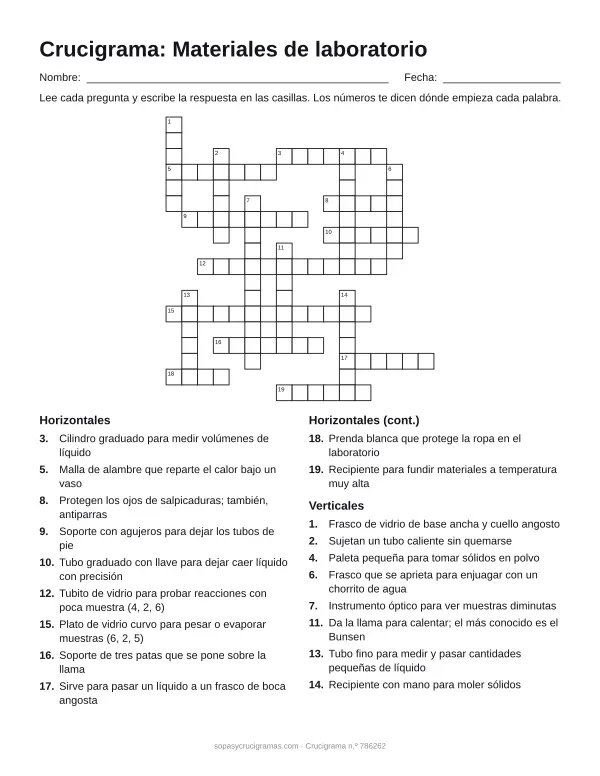 Hoja para imprimir del crucigrama de materiales de laboratorio: cuadrícula numerada de 18 × 17 con 11 palabras horizontales y 8 verticales, y la lista de pistas.