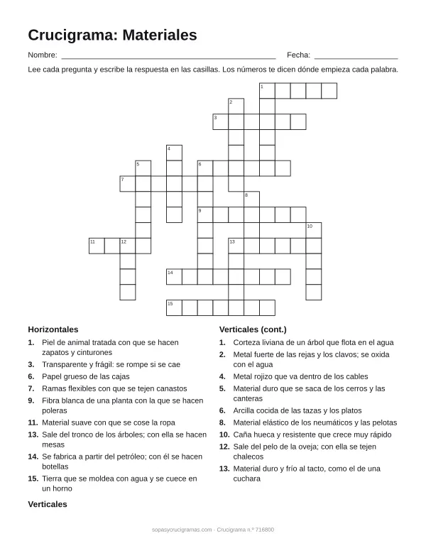 Hoja para imprimir del crucigrama de materiales: cuadrícula numerada de 15 × 16 con 9 palabras horizontales y 9 verticales, y la lista de pistas.