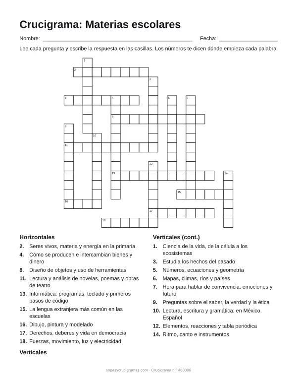 Hoja para imprimir del crucigrama de materias escolares: cuadrícula numerada de 18 × 18 con 9 palabras horizontales y 9 verticales, y la lista de pistas.