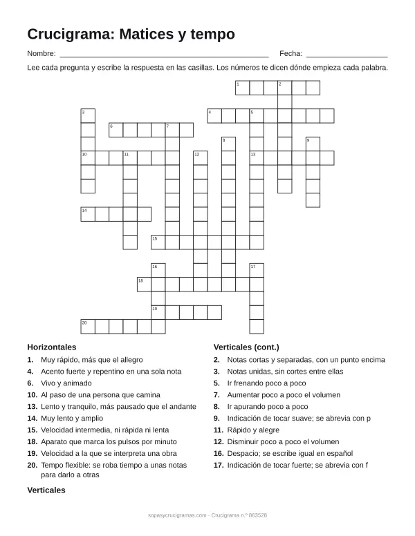 Hoja para imprimir del crucigrama de matices y tempo: cuadrícula numerada de 18 × 18 con 10 palabras horizontales y 10 verticales, y la lista de pistas.