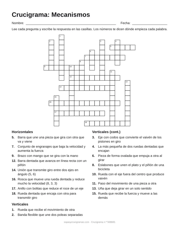 Hoja para imprimir del crucigrama de mecanismos y engranajes: cuadrícula numerada de 18 × 18 con 8 palabras horizontales y 10 verticales, y la lista de pistas.