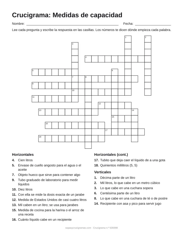 Hoja para imprimir del crucigrama de medidas de capacidad: cuadrícula numerada de 17 × 18 con 12 palabras horizontales y 6 verticales, y la lista de pistas.