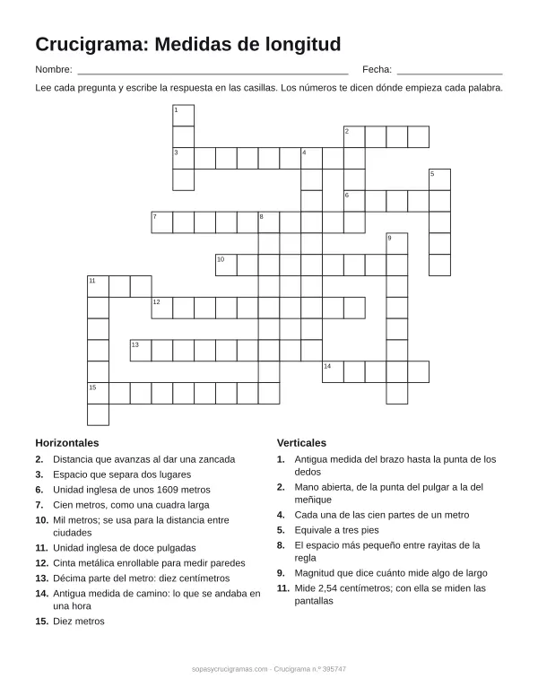 Hoja para imprimir del crucigrama de medidas de longitud: cuadrícula numerada de 15 × 17 con 10 palabras horizontales y 7 verticales, y la lista de pistas.