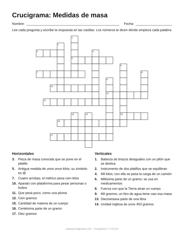 Hoja para imprimir del crucigrama de medidas de masa: cuadrícula numerada de 16 × 16 con 9 palabras horizontales y 8 verticales, y la lista de pistas.