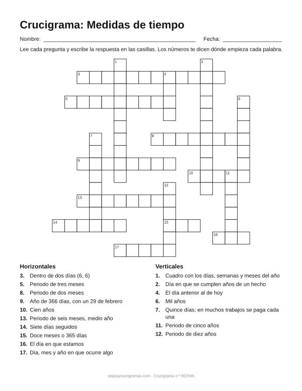 Hoja para imprimir del crucigrama de medidas de tiempo: cuadrícula numerada de 16 × 16 con 10 palabras horizontales y 7 verticales, y la lista de pistas.
