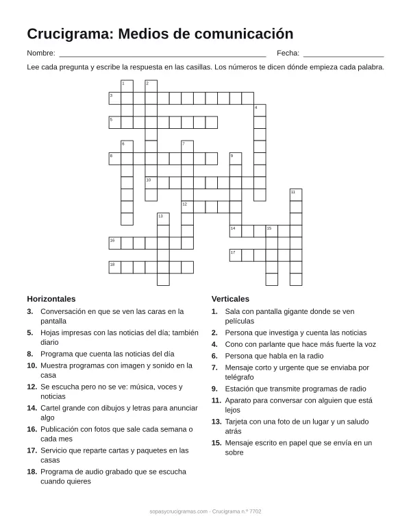 Hoja para imprimir del crucigrama de medios de comunicación: cuadrícula numerada de 17 × 16 con 9 palabras horizontales y 9 verticales, y la lista de pistas.