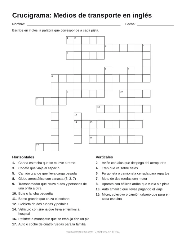 Hoja para imprimir del crucigrama de transportes en inglés: cuadrícula numerada de 15 × 15 con 11 palabras horizontales y 7 verticales, y la lista de pistas.