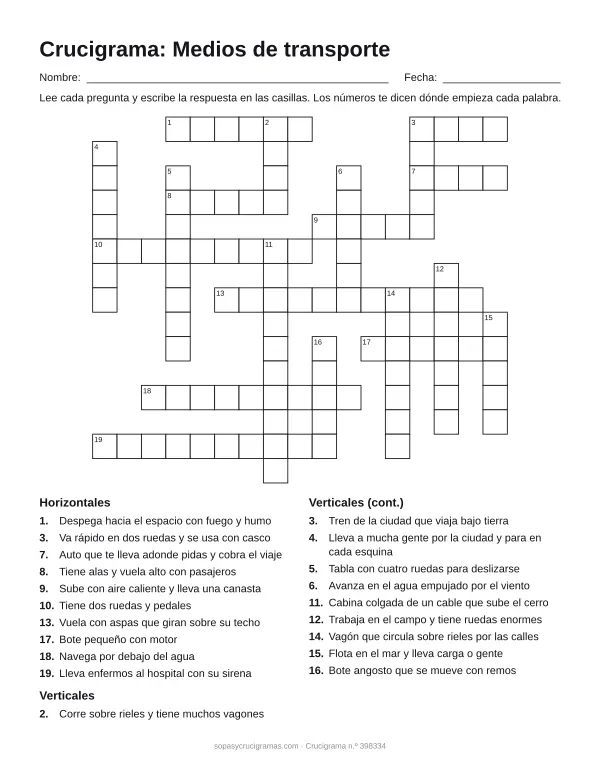 Hoja para imprimir del crucigrama de medios de transporte: cuadrícula numerada de 15 × 17 con 10 palabras horizontales y 10 verticales, y la lista de pistas.