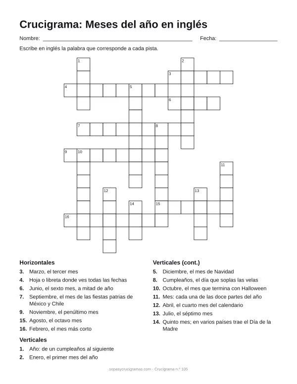 Hoja para imprimir del crucigrama de los meses en inglés: cuadrícula numerada de 15 × 13 con 7 palabras horizontales y 9 verticales, y la lista de pistas.