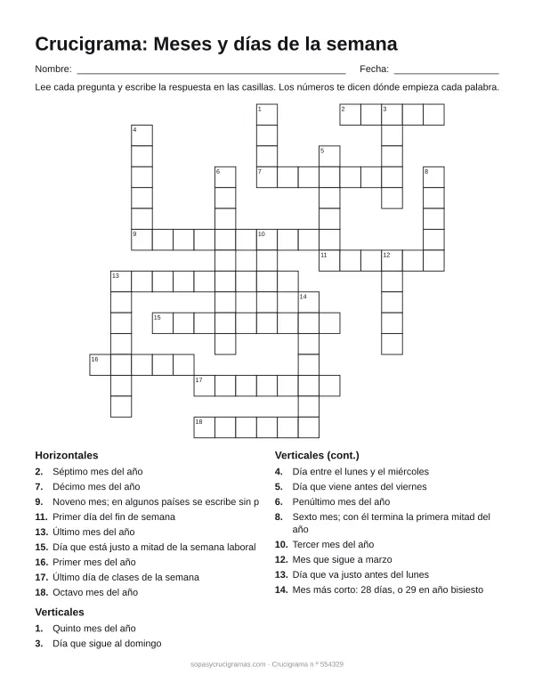 Hoja para imprimir del crucigrama de los meses y los días: cuadrícula numerada de 16 × 17 con 9 palabras horizontales y 10 verticales, y la lista de pistas.