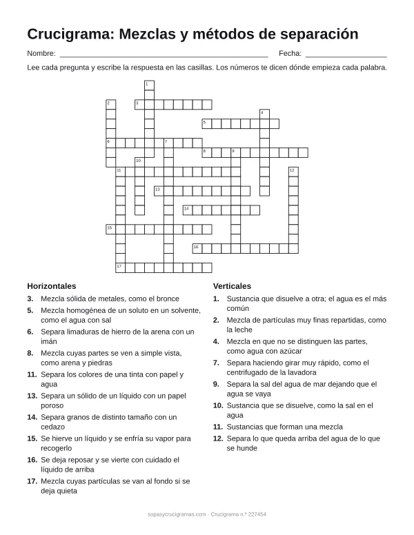 Hoja para imprimir del crucigrama de mezclas y su separación: cuadrícula numerada de 20 × 21 con 10 palabras horizontales y 8 verticales, y la lista de pistas.
