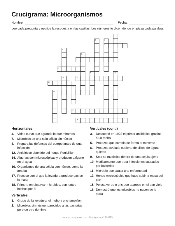 Hoja para imprimir del crucigrama de los microorganismos: cuadrícula numerada de 19 × 17 con 8 palabras horizontales y 11 verticales, y la lista de pistas.