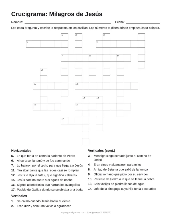 Hoja para imprimir del crucigrama de los milagros de Jesús: cuadrícula numerada de 16 × 17 con 8 palabras horizontales y 9 verticales, y la lista de pistas.