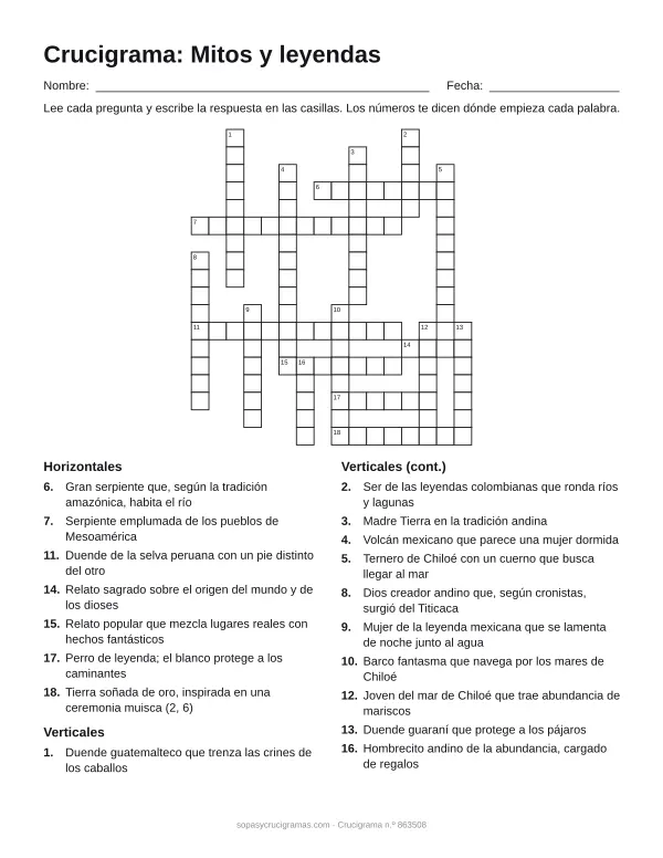 Hoja para imprimir del crucigrama de mitos y leyendas: cuadrícula numerada de 18 × 16 con 7 palabras horizontales y 11 verticales, y la lista de pistas.