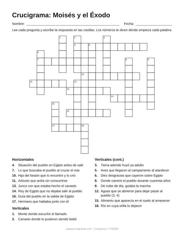 Hoja para imprimir del crucigrama de Moisés y el Éxodo: cuadrícula numerada de 16 × 17 con 8 palabras horizontales y 10 verticales, y la lista de pistas.