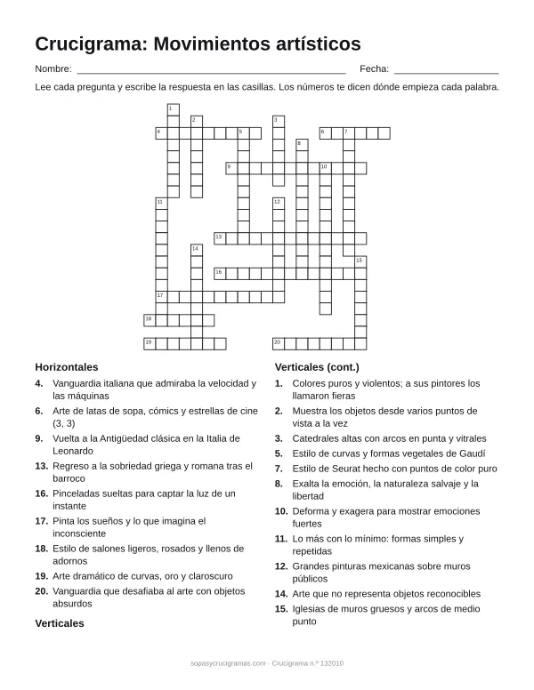 Hoja para imprimir del crucigrama de movimientos artísticos: cuadrícula numerada de 21 × 21 con 9 palabras horizontales y 11 verticales, y la lista de pistas.