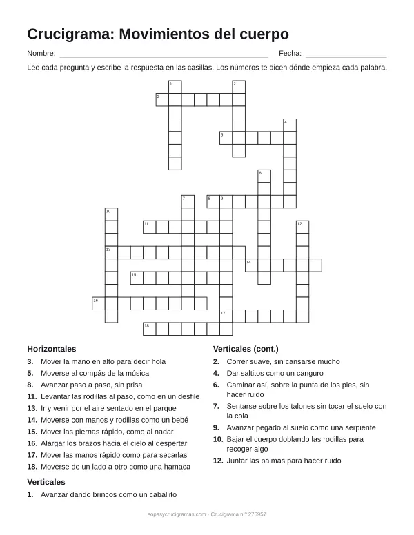 Hoja para imprimir del crucigrama de los movimientos del cuerpo: cuadrícula numerada de 20 × 18 con 10 palabras horizontales y 8 verticales, y la lista de pistas.