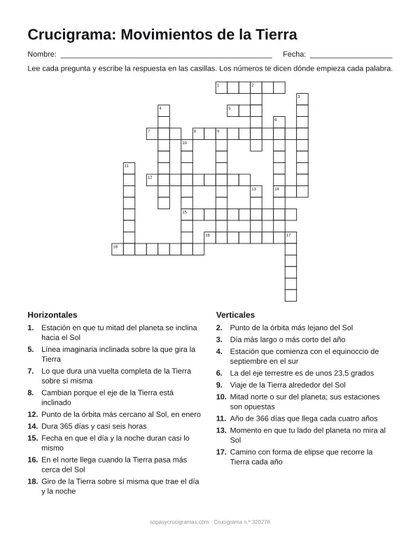 Hoja para imprimir del crucigrama de los movimientos de la Tierra: cuadrícula numerada de 19 × 17 con 9 palabras horizontales y 9 verticales, y la lista de pistas.