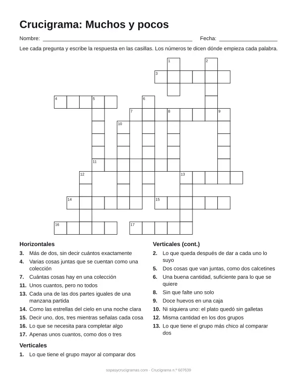 Hoja para imprimir del crucigrama de muchos y pocos: cuadrícula numerada de 14 × 15 con 9 palabras horizontales y 9 verticales, y la lista de pistas.