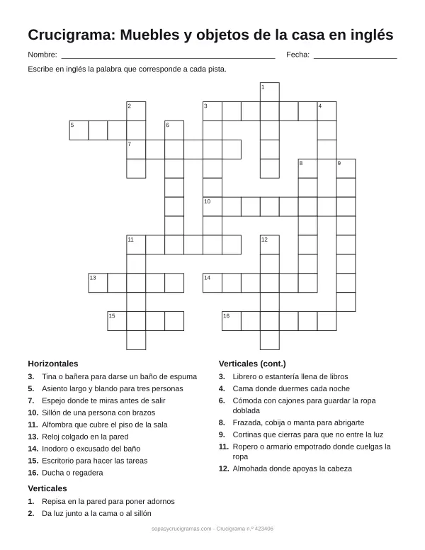 Hoja para imprimir del crucigrama de los muebles en inglés: cuadrícula numerada de 14 × 15 con 9 palabras horizontales y 9 verticales, y la lista de pistas.