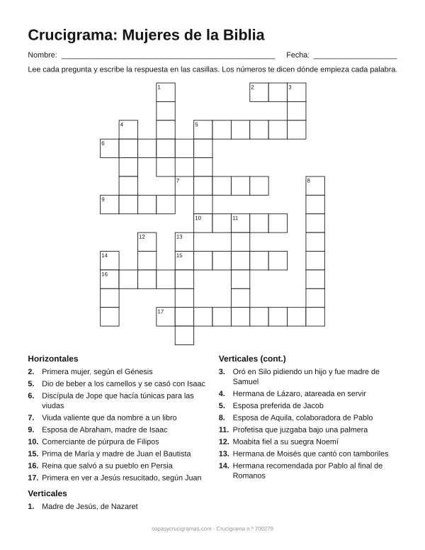 Hoja para imprimir del crucigrama de mujeres de la Biblia: cuadrícula numerada de 14 × 12 con 9 palabras horizontales y 9 verticales, y la lista de pistas.