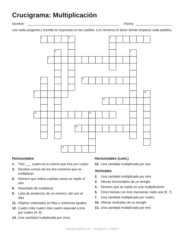 Hoja para imprimir del crucigrama de la multiplicación: cuadrícula numerada de 17 × 17 con 9 palabras horizontales y 7 verticales, y la lista de pistas.