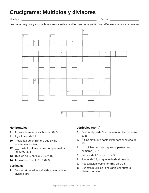 Hoja para imprimir del crucigrama de múltiplos y divisores: cuadrícula numerada de 17 × 19 con 6 palabras horizontales y 8 verticales, y la lista de pistas.