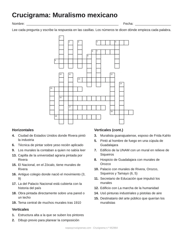 Hoja para imprimir del crucigrama del muralismo mexicano: cuadrícula numerada de 19 × 18 con 9 palabras horizontales y 11 verticales, y la lista de pistas.