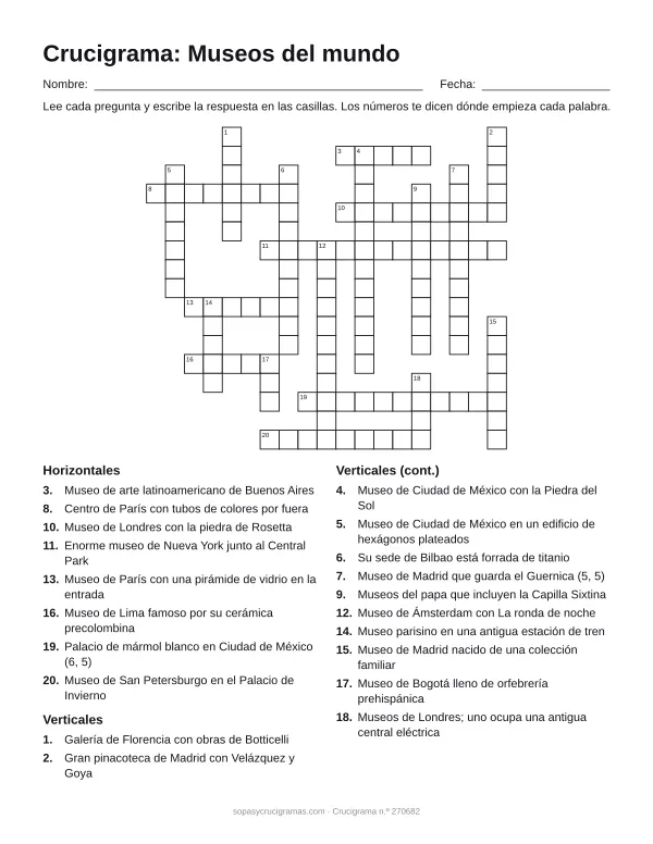 Hoja para imprimir del crucigrama de museos del mundo: cuadrícula numerada de 17 × 19 con 8 palabras horizontales y 12 verticales, y la lista de pistas.