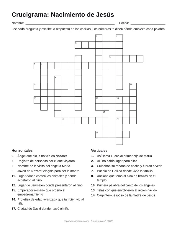 Hoja para imprimir del crucigrama del nacimiento de Jesús: cuadrícula numerada de 16 × 16 con 9 palabras horizontales y 8 verticales, y la lista de pistas.
