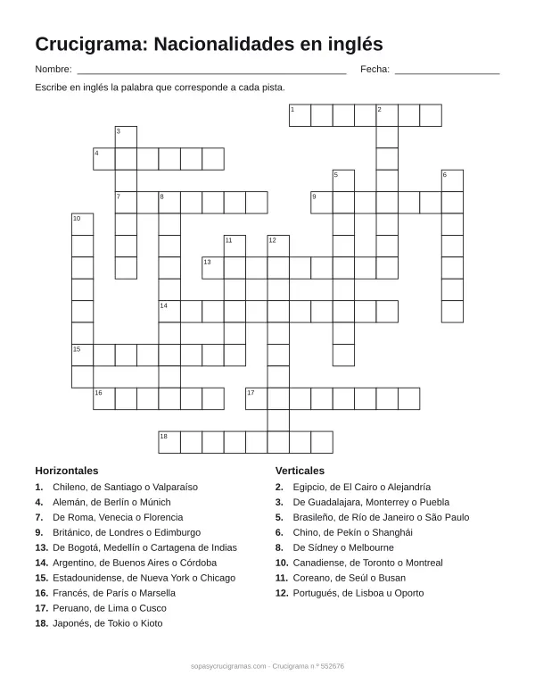 Hoja para imprimir del crucigrama de nacionalidades en inglés: cuadrícula numerada de 16 × 18 con 10 palabras horizontales y 8 verticales, y la lista de pistas.