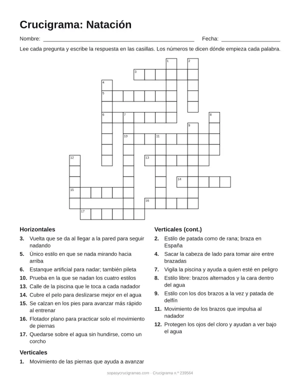 Hoja para imprimir del crucigrama de natación: cuadrícula numerada de 15 × 15 con 9 palabras horizontales y 8 verticales, y la lista de pistas.