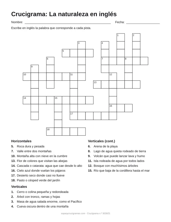 Hoja para imprimir del crucigrama de la naturaleza en inglés: cuadrícula numerada de 13 × 16 con 8 palabras horizontales y 10 verticales, y la lista de pistas.