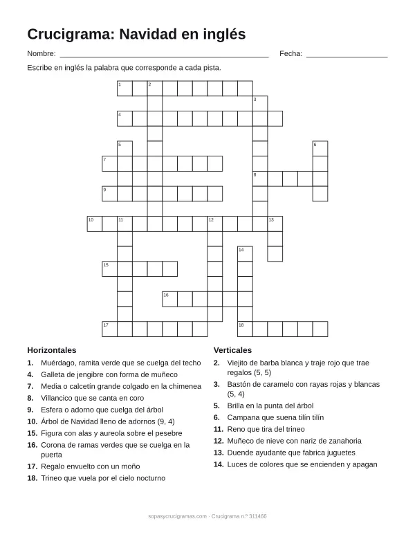 Hoja para imprimir del crucigrama de Navidad en inglés: cuadrícula numerada de 17 × 16 con 10 palabras horizontales y 8 verticales, y la lista de pistas.