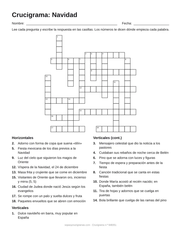 Hoja para imprimir del crucigrama de Navidad: cuadrícula numerada de 17 × 16 con 9 palabras horizontales y 9 verticales, y la lista de pistas.