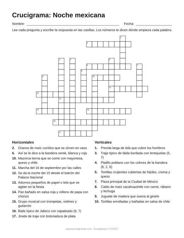 Hoja para imprimir del crucigrama de la noche mexicana: cuadrícula numerada de 18 × 20 con 10 palabras horizontales y 8 verticales, y la lista de pistas.