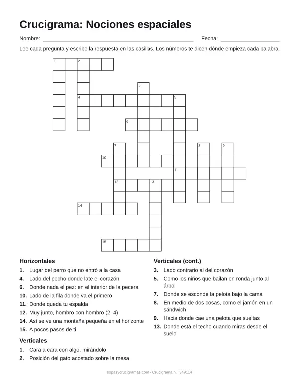 Hoja para imprimir del crucigrama de nociones espaciales: cuadrícula numerada de 16 × 16 con 8 palabras horizontales y 8 verticales, y la lista de pistas.