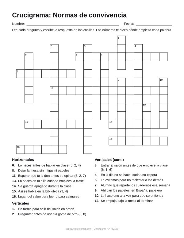 Hoja para imprimir del crucigrama de las normas de convivencia: cuadrícula numerada de 14 × 18 con 7 palabras horizontales y 9 verticales, y la lista de pistas.