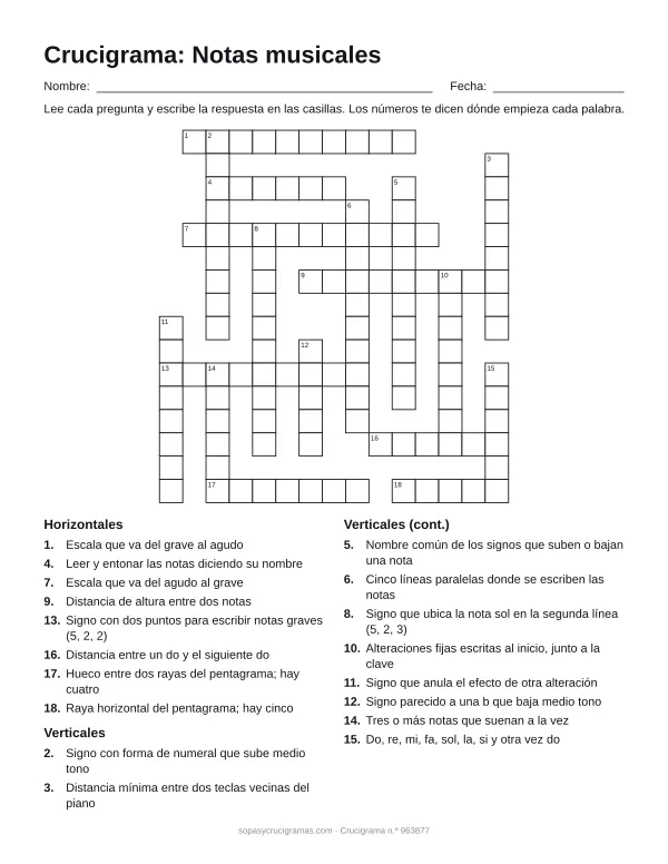 Hoja para imprimir del crucigrama de notas musicales: cuadrícula numerada de 16 × 15 con 8 palabras horizontales y 10 verticales, y la lista de pistas.