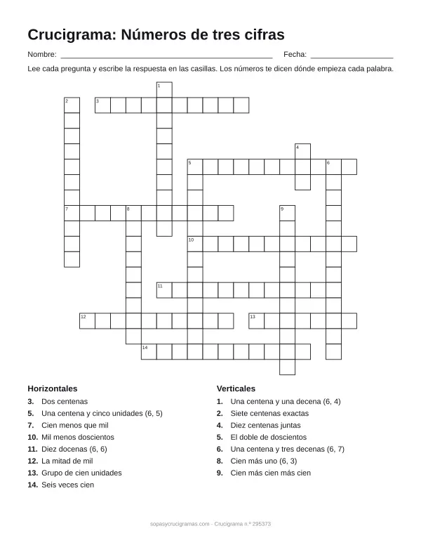 Hoja para imprimir del crucigrama de números de tres cifras: cuadrícula numerada de 19 × 19 con 8 palabras horizontales y 7 verticales, y la lista de pistas.