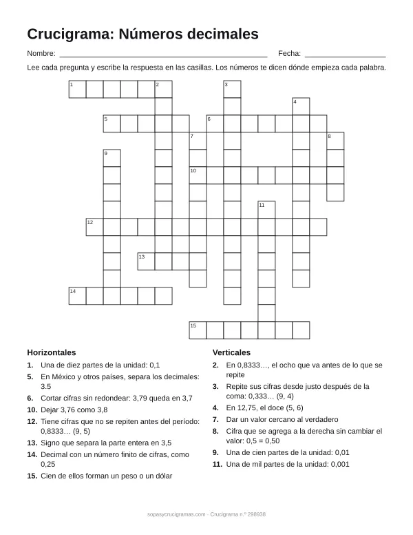 Hoja para imprimir del crucigrama de números decimales: cuadrícula numerada de 15 × 16 con 8 palabras horizontales y 7 verticales, y la lista de pistas.