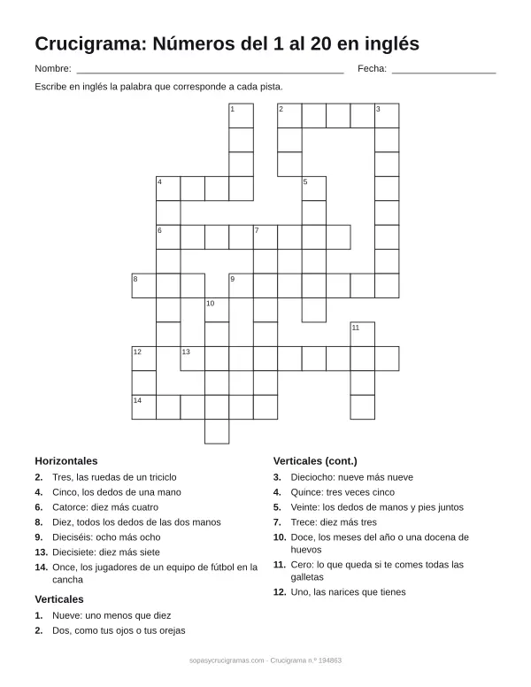 Hoja para imprimir del crucigrama de números en inglés: cuadrícula numerada de 14 × 11 con 7 palabras horizontales y 9 verticales, y la lista de pistas.