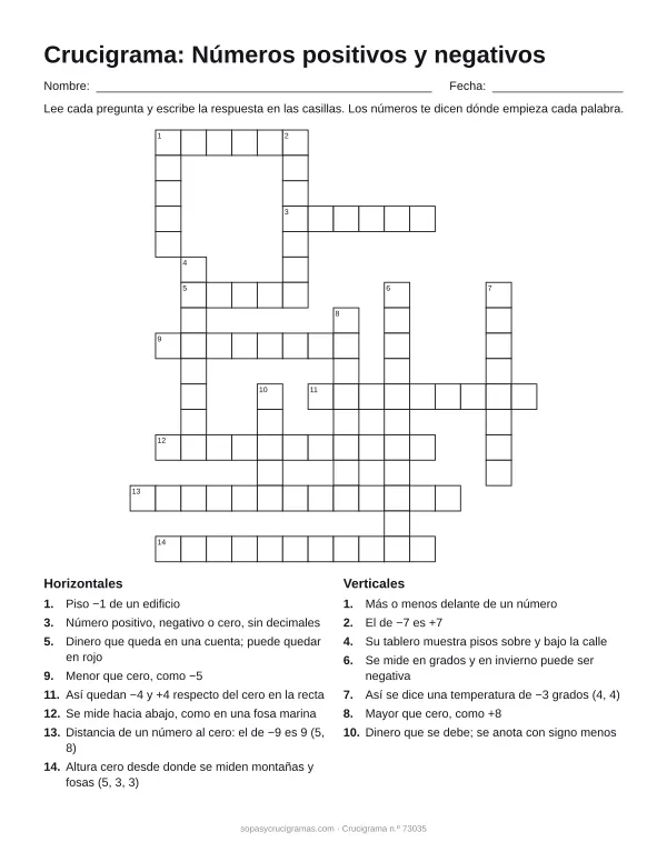 Hoja para imprimir del crucigrama de números enteros: cuadrícula numerada de 17 × 16 con 8 palabras horizontales y 7 verticales, y la lista de pistas.