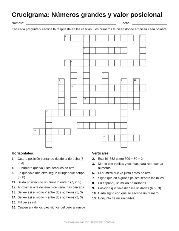 Hoja para imprimir del crucigrama de números grandes: cuadrícula numerada de 18 × 18 con 9 palabras horizontales y 8 verticales, y la lista de pistas.